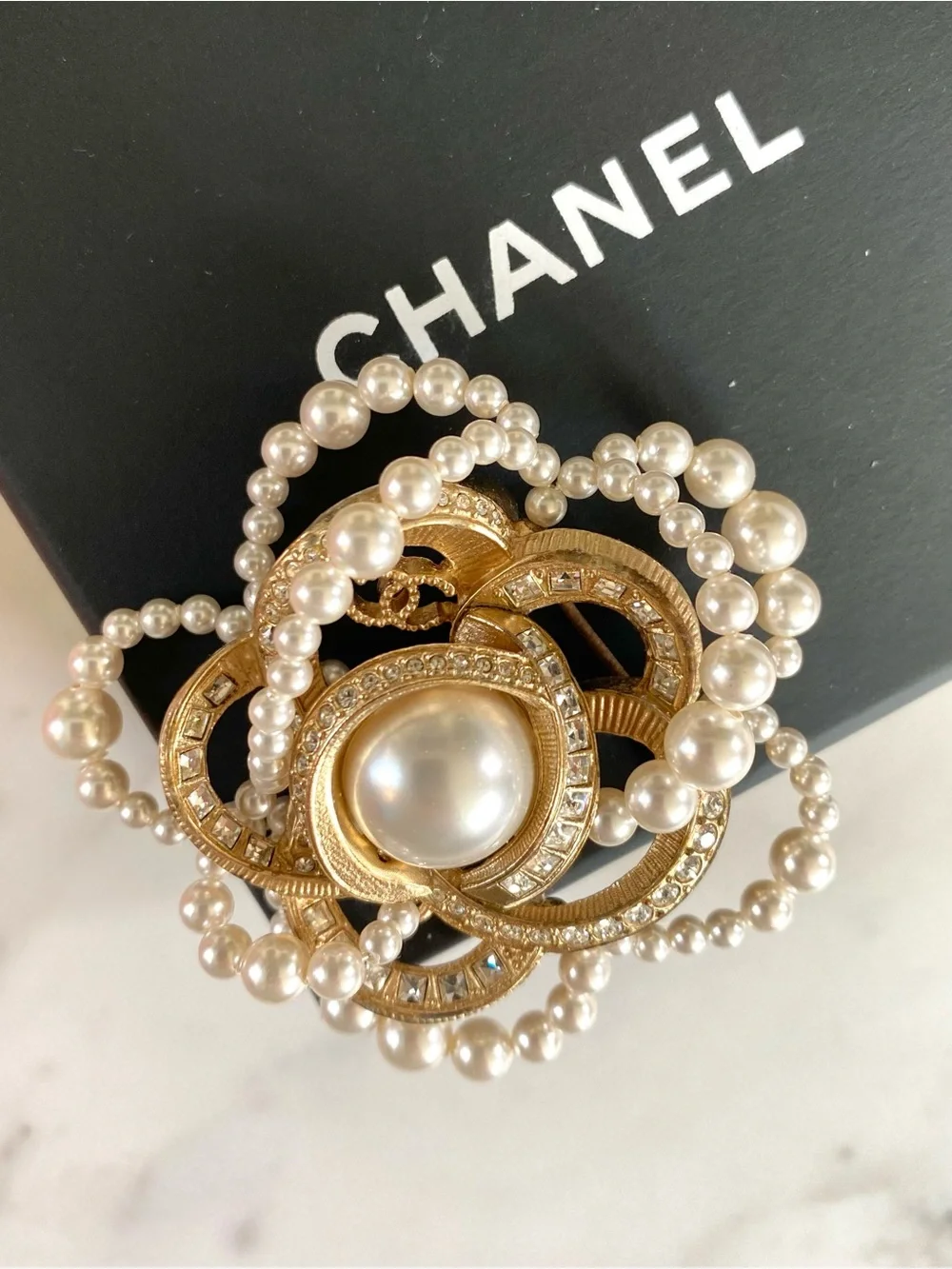 CHANEL - Gold, Crystal & Pearl Camellia Flower CC Brooch 2018